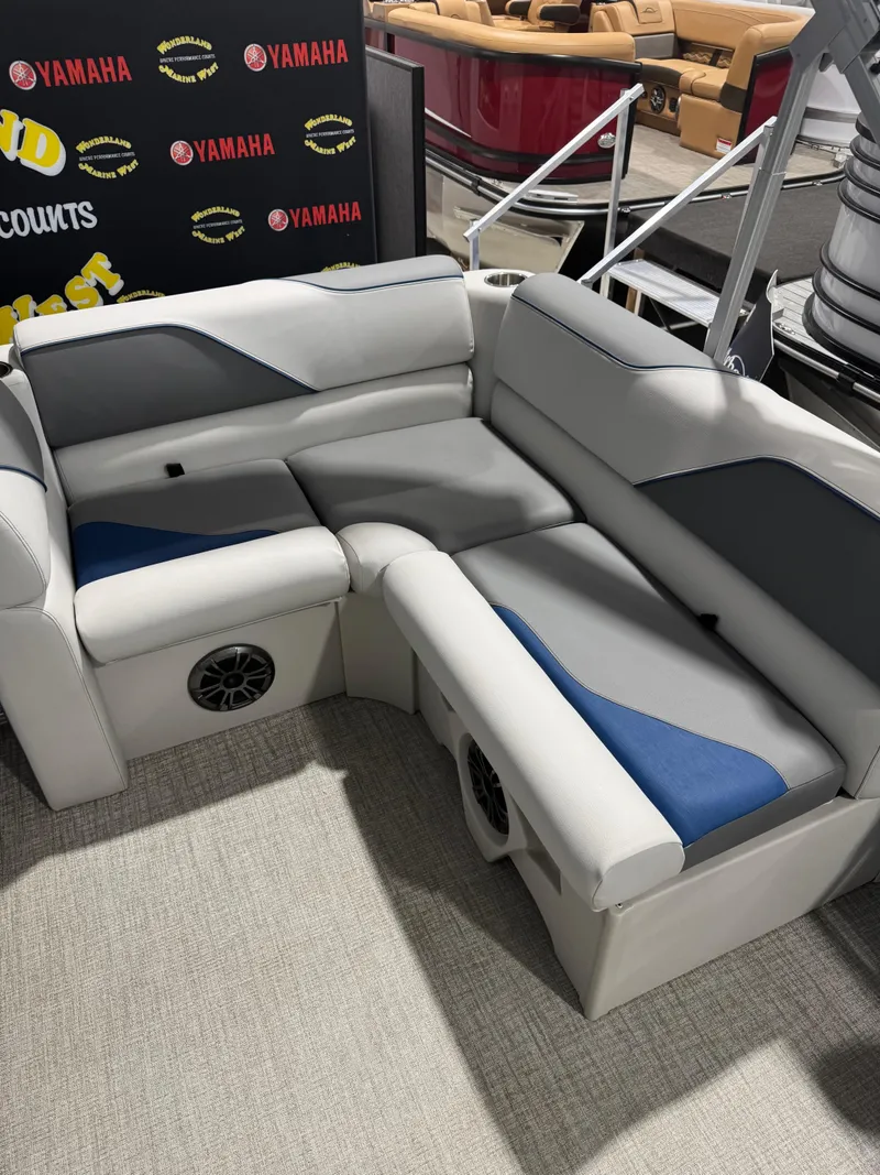 Slide: The Image of 2024 Avalon 1575 23 Venture CR boat seating with gray and blue upholstery. - 7