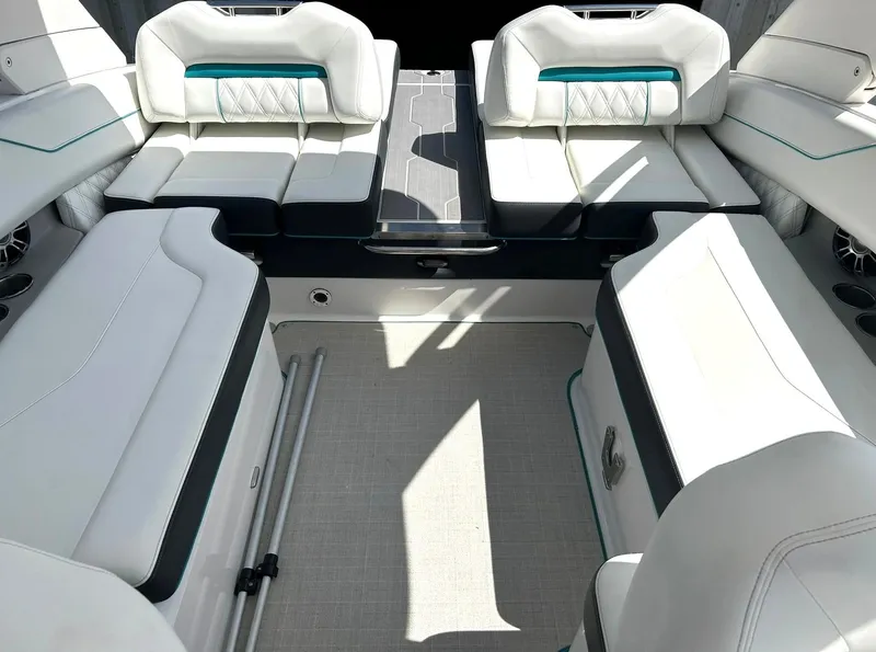 Slide: The Image of 2022 Regal LS4 Surf boat interior with luxurious white seating and modern design. - 42