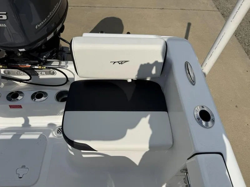 Slide: The Image of 2026 Tidewater 180 CC Adventure boat seat and Yamaha engine detail. - 19