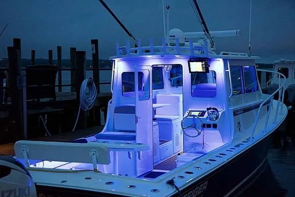 Slide: The Image of 2026 Steiger Craft 31 Miami boat with blue interior lighting at dock. - 13