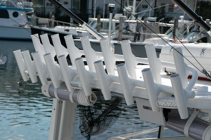 Slide: The Image of Rod holders on a 2026 Steiger Craft 31 Miami boat at a marina. - 46