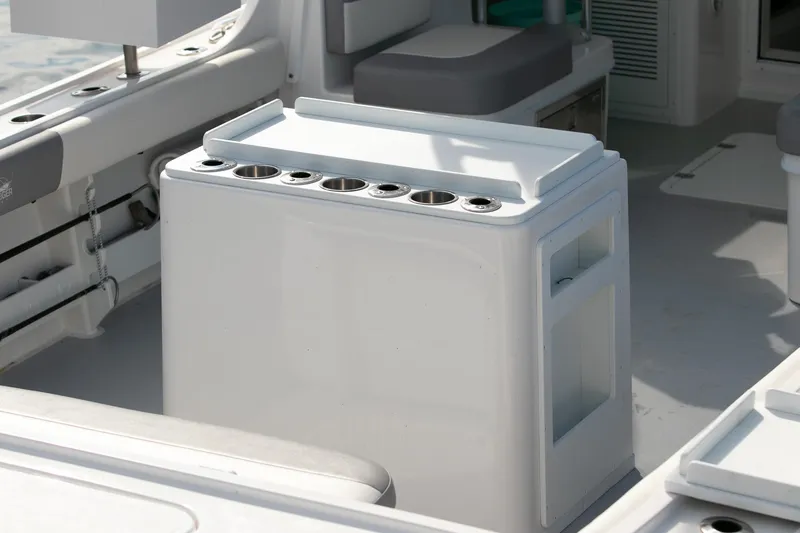 Slide: The Image of 2026 Steiger Craft 31 Miami boat interior with cup holders and seating. - 47