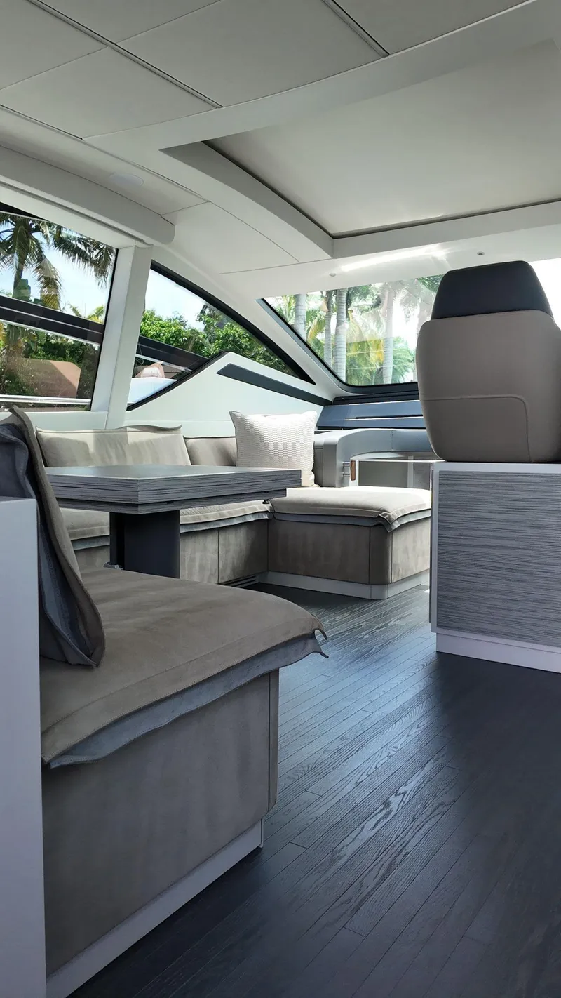 Slide: The Image of Luxurious interior of 2022 Pershing 6X yacht with modern seating and sleek design. - 47