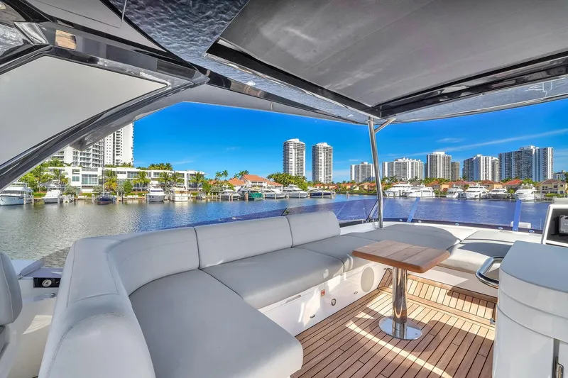 Slide: The Image of Luxurious Sunseeker Manhattan 68 Pacific yacht interior with waterfront cityscape view, 2023 model. - 22