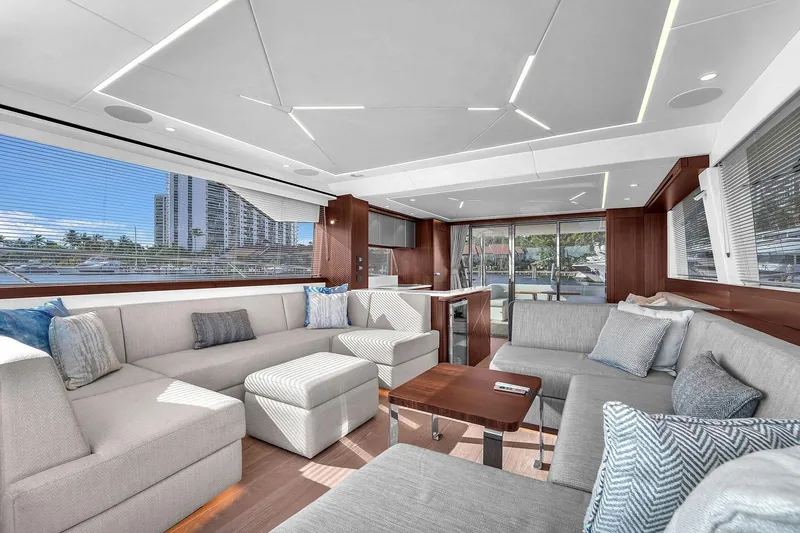 Slide: The Image of Luxurious interior of 2023 Sunseeker Manhattan 68 Pacific yacht with modern furnishings. - 52