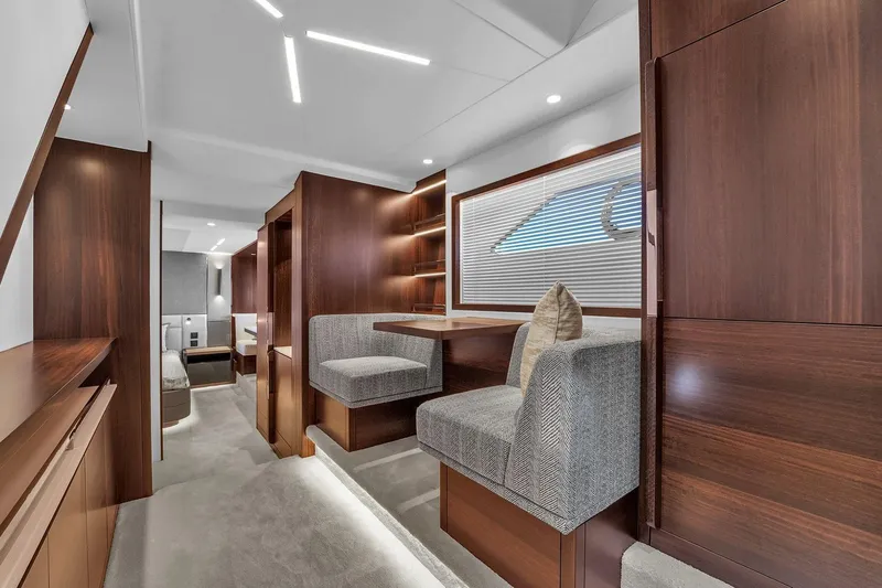 Slide: The Image of Luxurious interior of 2023 Sunseeker Manhattan 68 Pacific yacht with elegant wood finishes. - 65