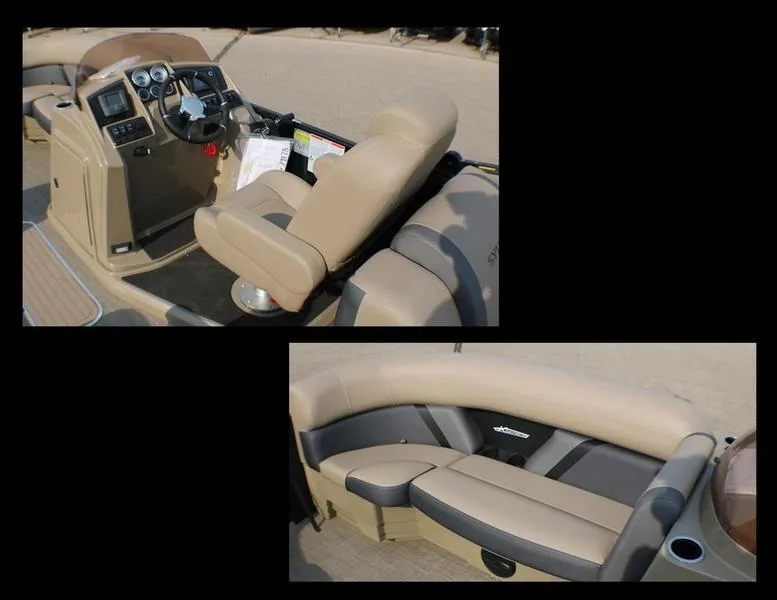 Slide: The Image of 2025 Sylvan Mirage X X3 boat interior with steering console and seating area. - 2