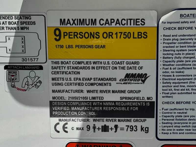 Slide: The Image of 2023 Tahoe 210 Si boat capacity label: 9 persons or 1750 lbs, safety compliance details. - 25