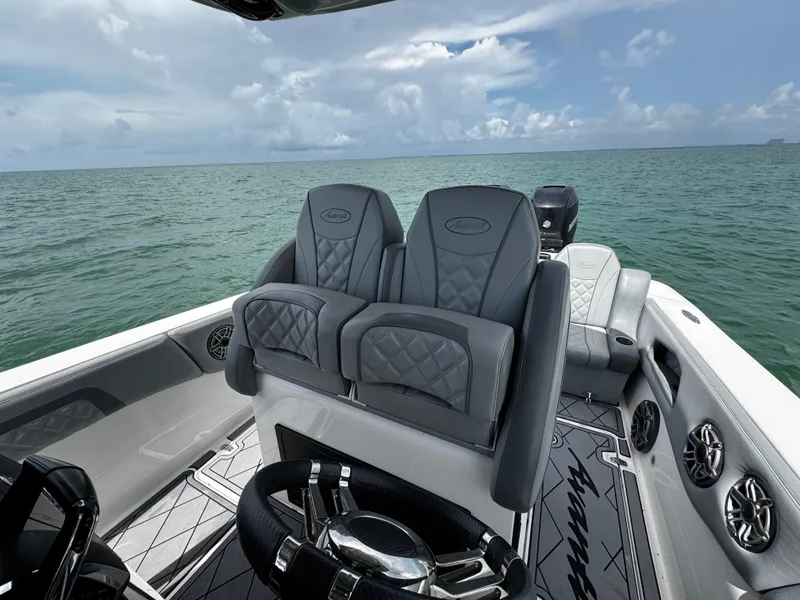 Slide: The Image of Luxury seating on 2023 Avanti 36 boat, ocean view, stylish design. - 22