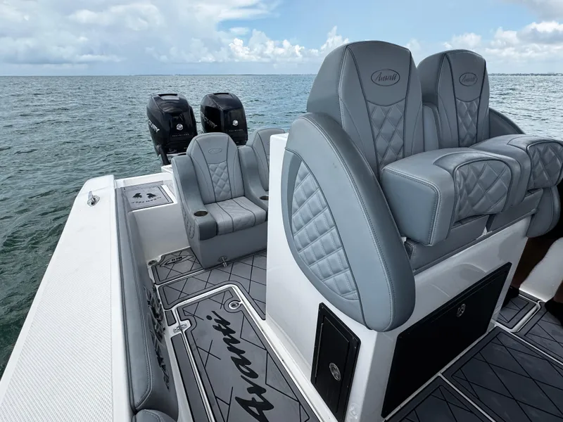 Slide: The Image of Luxury seating on 2023 Avanti 36 boat with dual engines, ocean backdrop. - 31