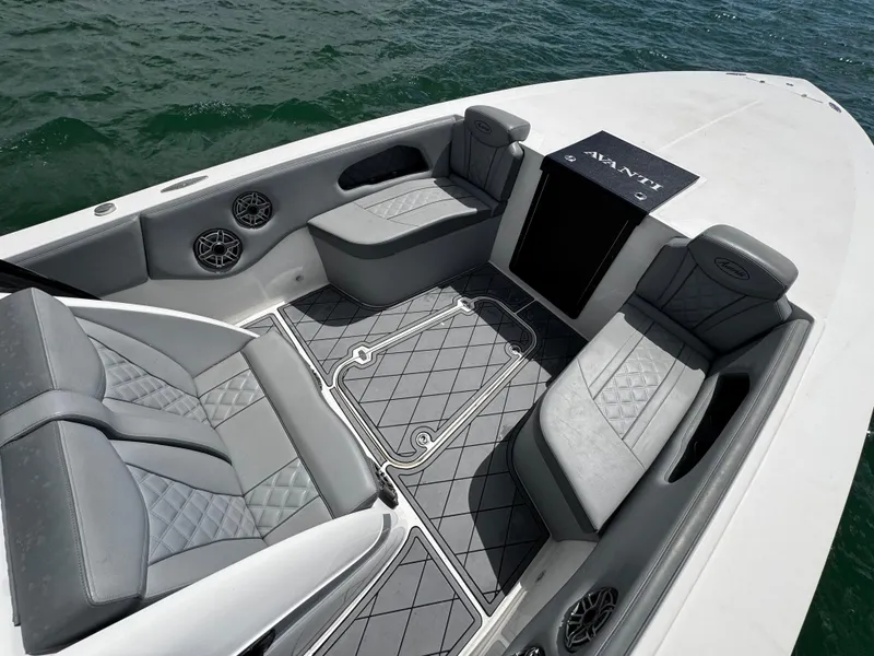 Slide: The Image of Luxurious 2023 Avanti 36 boat interior with stylish gray seating and elegant flooring. - 8