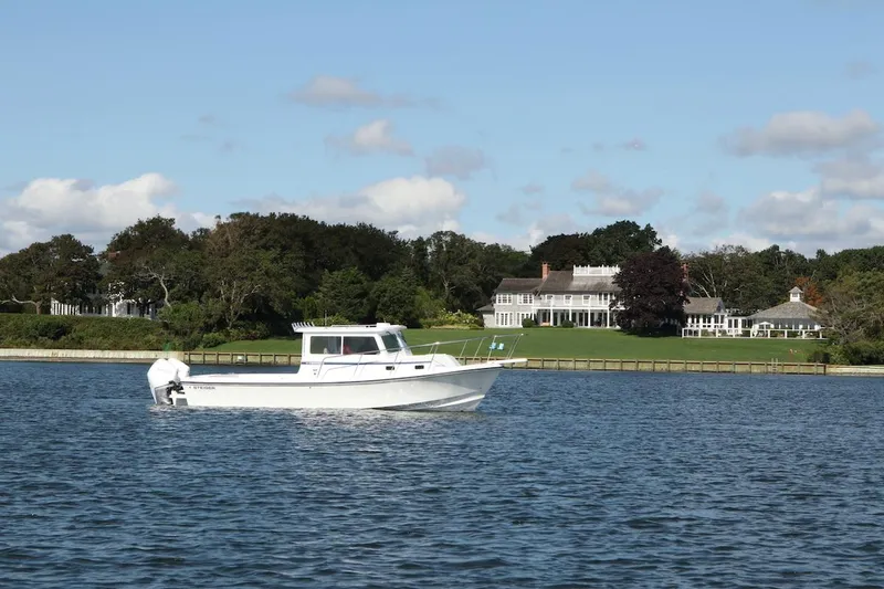 Slide: The Image of 2026 Steiger Craft 31 Fisherman boat on water near a large estate. - 7
