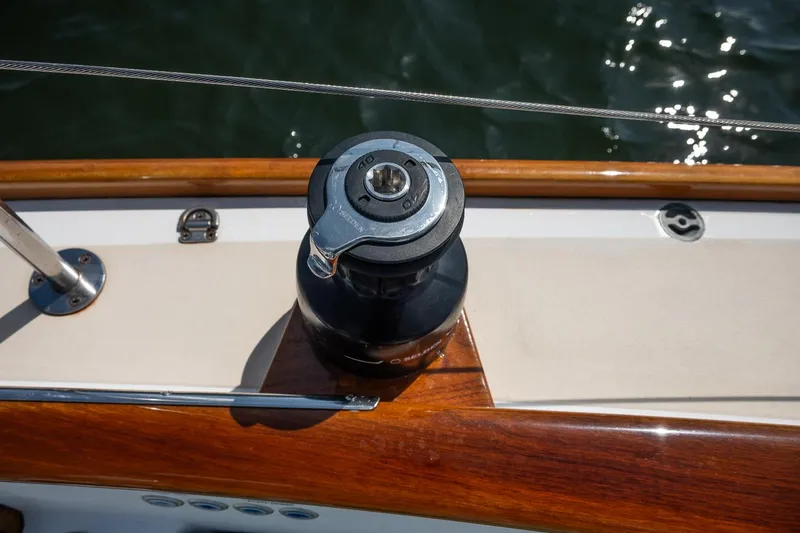 Slide: The Image of Winch on Morris M36 sailboat deck, 2005 model, with polished wood and metal details. - 18