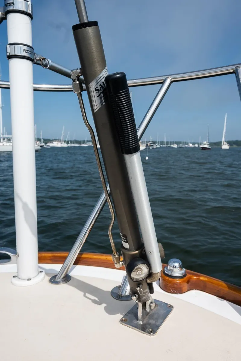 Slide: The Image of Sailboat deck with hydraulic steering system, Morris M36, 2005, on a sunny day at sea. - 20