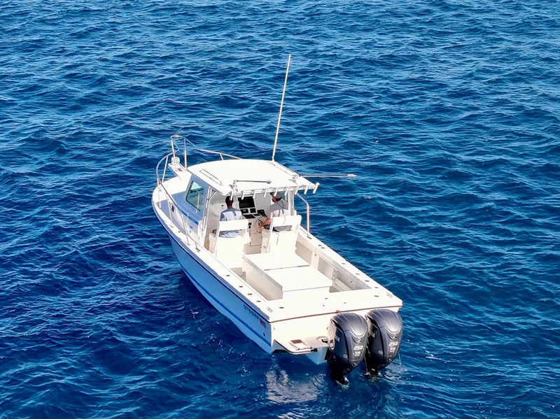 Slide: The Image of 2026 Steiger Craft 28 Hawaii boat on open blue ocean waters. - 10