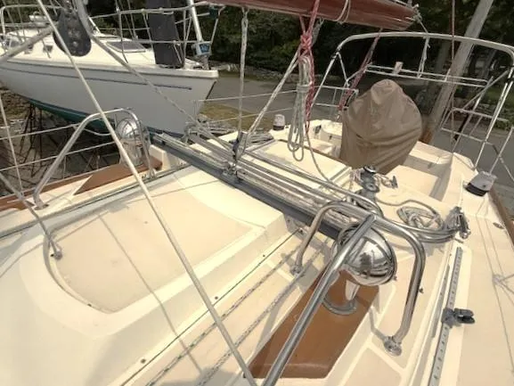 Slide: The Image of 1993 Tartan 3500 sailboat deck with rigging and stainless steel fittings. - 10