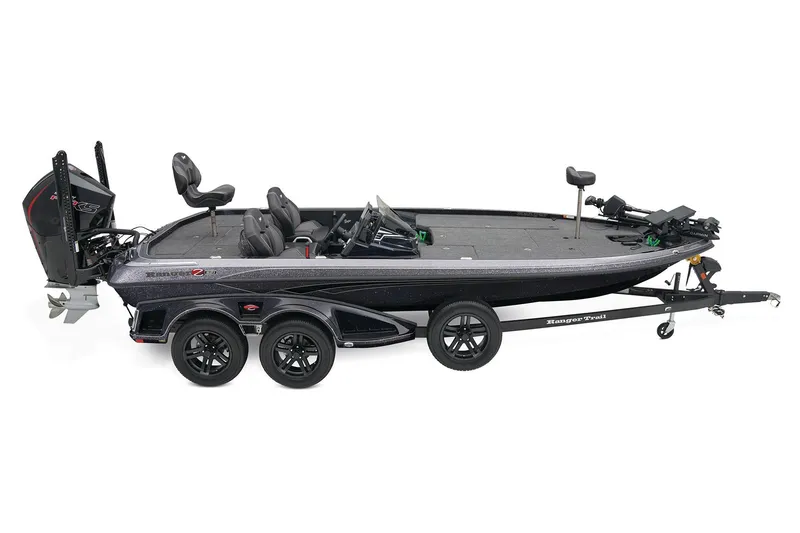 Slide: The Image of 2025 Ranger Z521 boat deck with gray carpet and mounted equipment. - 9