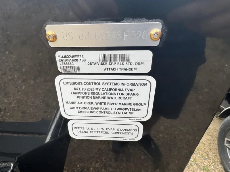 Slide: The Image of 2026 Tracker Targa V-18 Combo emissions control label, meets California and U.S. EPA standards. - 5