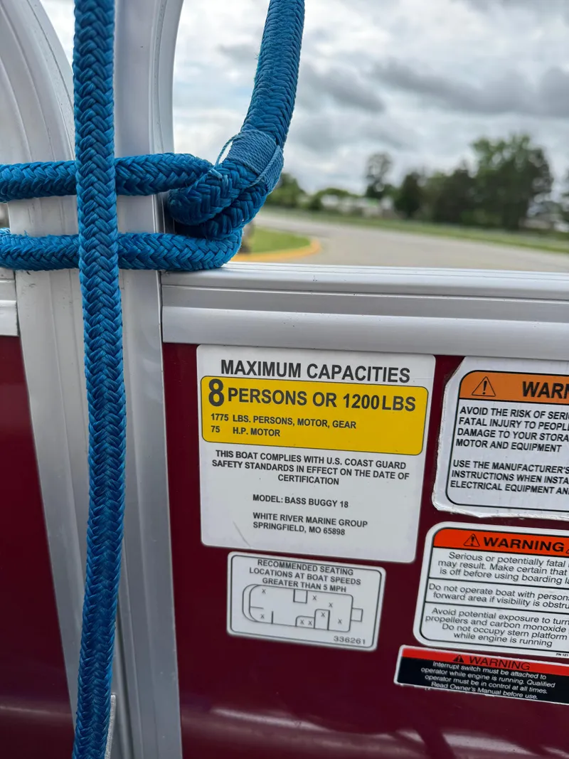 Slide: The Image of Capacity label on 2022 Sun Tracker Bass Buggy 18 DLX, indicating 8-person or 1200 lbs limit. - 18