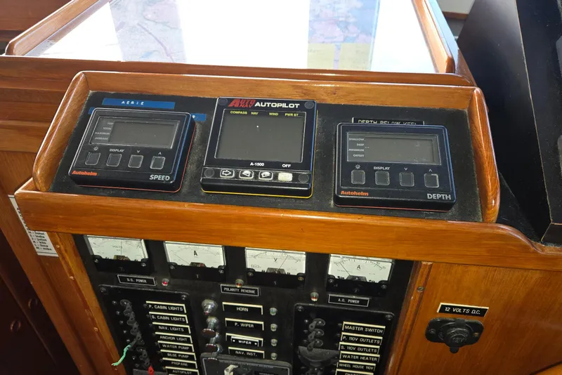 Slide: The Image of 1989 Eagle Pilothouse dashboard with Autopilot, speed, and depth controls. - 42