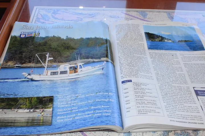 Slide: The Image of Open magazine featuring a 1989 Eagle Pilothouse boat cruising near San Juan Islands. - 45