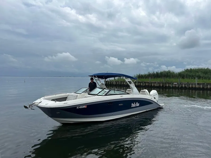 Slide: The Image of 2020 Sea Ray SDX 290 Outboard boat on calm water under cloudy sky. - 2