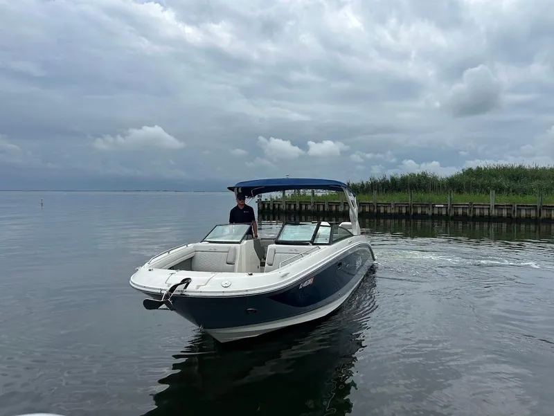 Slide: The Image of 2020 Sea Ray SDX 290 Outboard boat cruising on a calm lake under cloudy skies. - 3