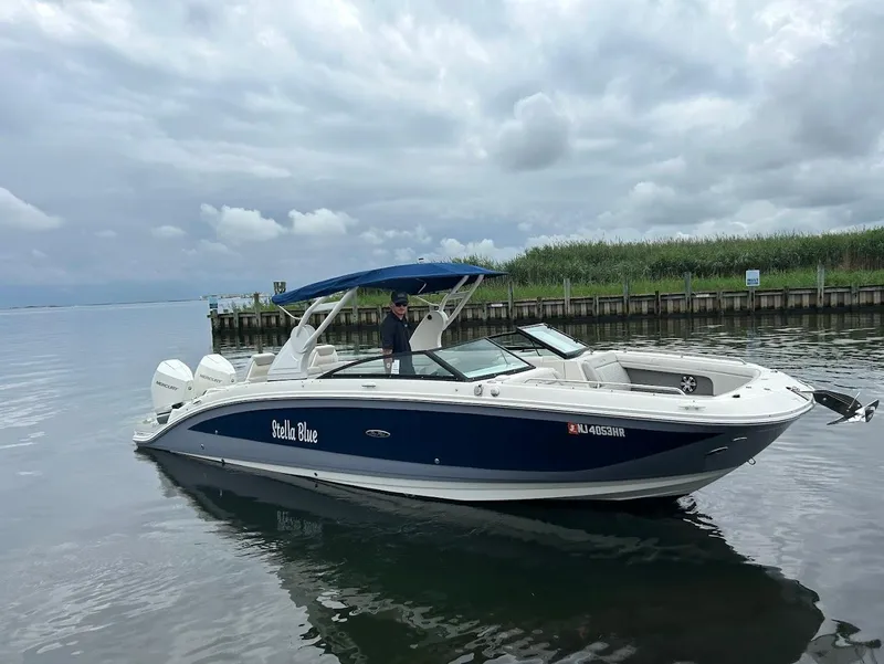 Slide: The Image of 2020 Sea Ray SDX 290 Outboard boat named "Stella Blue" on calm water under cloudy skies. - 4