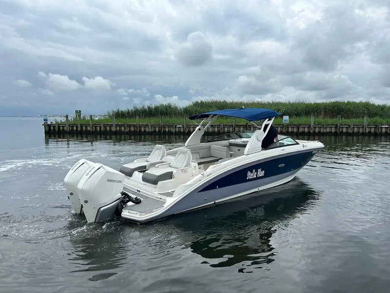 Slide: The Image of 2020 Sea Ray SDX 290 Outboard boat on calm water, overcast sky. - 6
