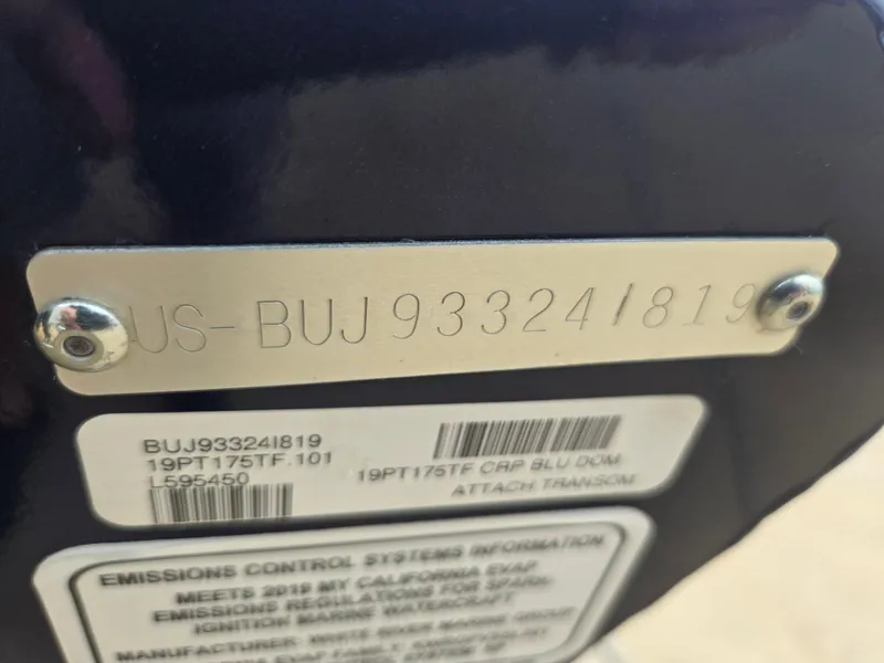Slide: The Image of 2019 Tracker Pro Team 175 TF boat identification plate with serial number and emissions information. - 4
