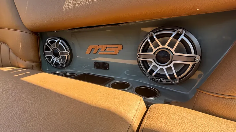 Slide: The Image of 2025 MB B52 25 Alpha interior speakers and leather seating detail. - 29