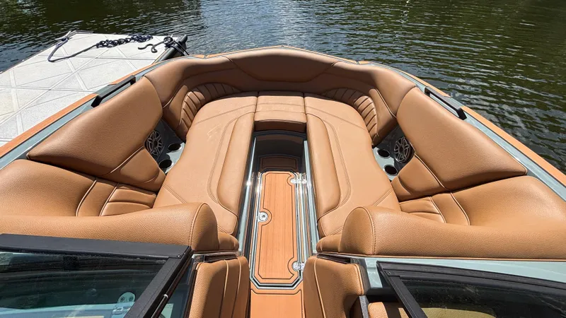 Slide: The Image of Luxurious interior of 2025 MB B52 25 Alpha boat with tan leather seating. - 37
