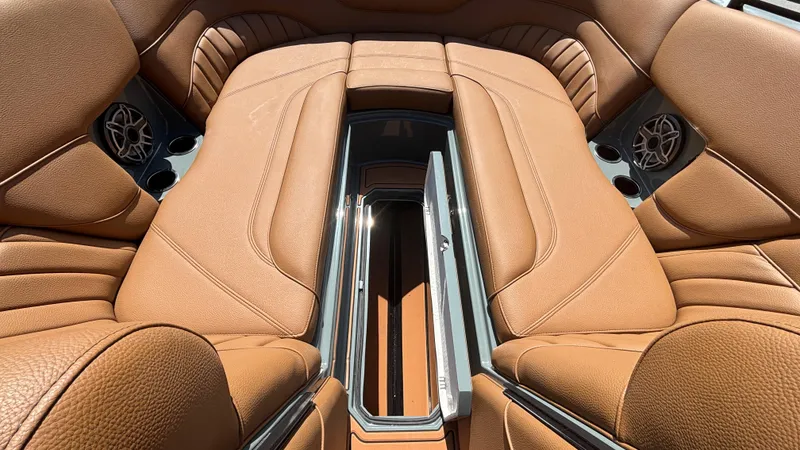 Slide: The Image of Luxurious interior of 2025 MB B52 25 Alpha boat with tan leather seating. - 38