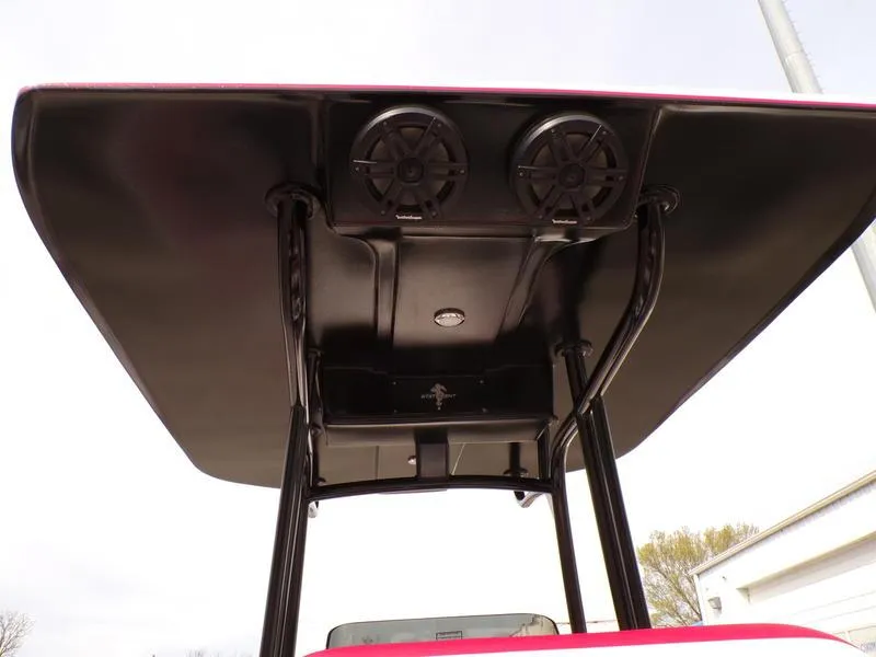 Slide: The Image of 2026 Statement 250 Center Console boat with black T-top and integrated speakers. - 21