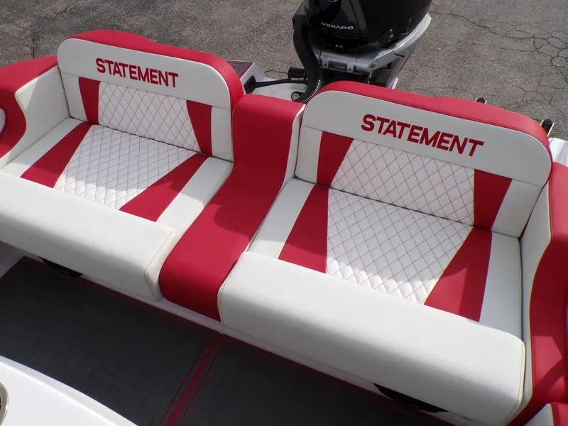 Slide: The Image of Red and white seating on 2026 Statement 250 Center Console boat. - 7