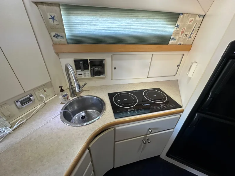 Slide: The Image of 1996 Carver 38 Santego kitchen with sink, induction cooktop, and storage cabinets. - 38