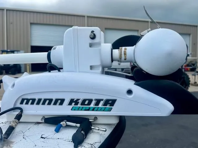 Slide: The Image of Minn Kota Riptide motor on 2017 Blazer Bay 2170 boat, outdoor setting. - 15