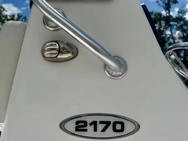 Slide: The Image of 2017 Blazer Bay 2170 boat detail with railing and model number. - 18