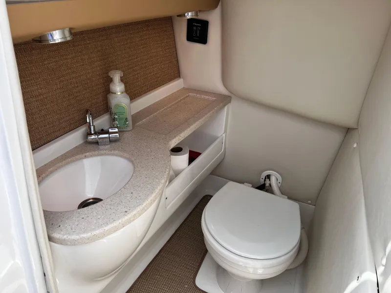 Slide: The Image of 2013 Cobalt 262 boat bathroom with sink, toilet, and countertop essentials. - 10