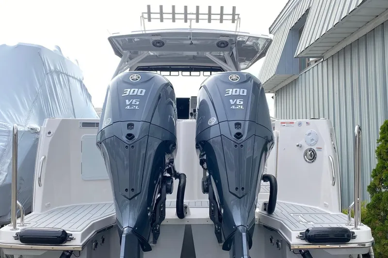 Slide: The Image of Twin Yamaha 300 V6 outboard engines on a 2025 Solara S-310 CW boat. - 3