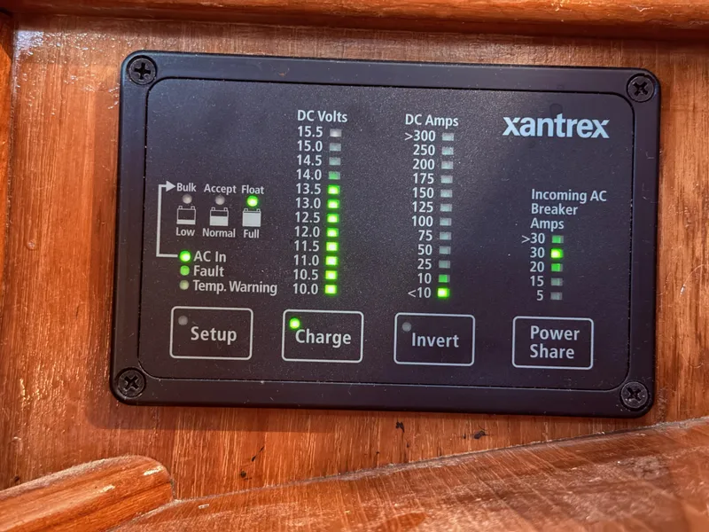 Slide: The Image of Xantrex power panel on 1987 Island Packet 38, displaying DC volts, amps, and AC breaker status. - 26