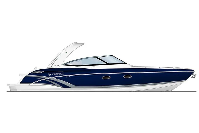 Slide: The Image of 2020 Formula 330 Crossover Bowrider, sleek blue and white luxury boat. - 41