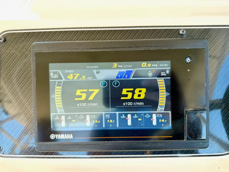 Slide: The Image of Yamaha display on 2018 Grady-White Marlin 300 showing speed and engine RPM. - 10