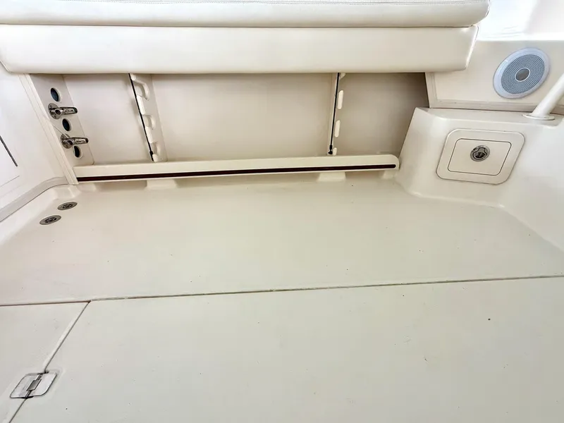 Slide: The Image of Interior view of a 2018 Grady-White Marlin 300 boat, featuring seating and storage compartments. - 24