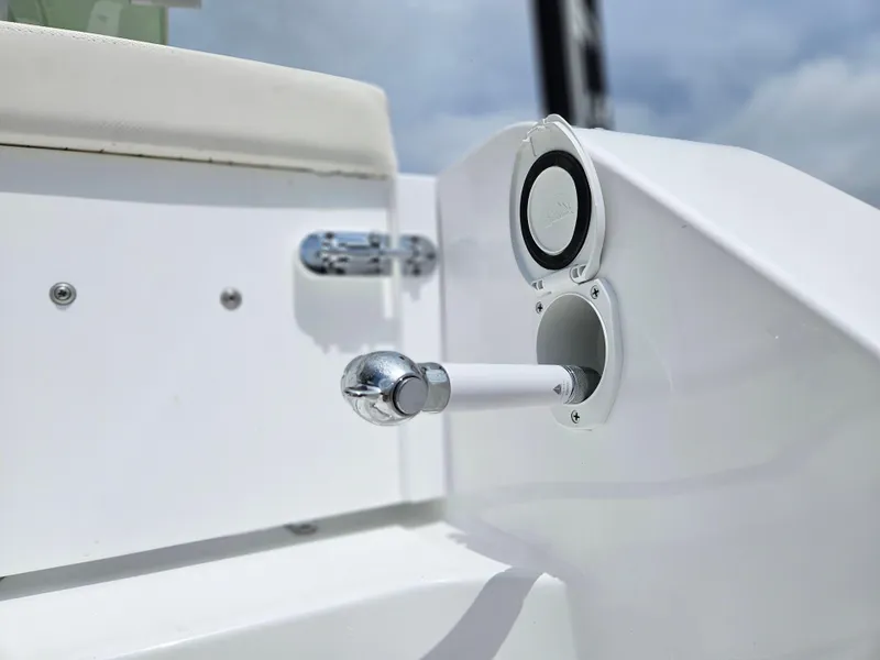 Slide: The Image of 2025 Sea Hunt Gamefish 28 FS boat detail, featuring a sleek white design and modern fittings. - 8