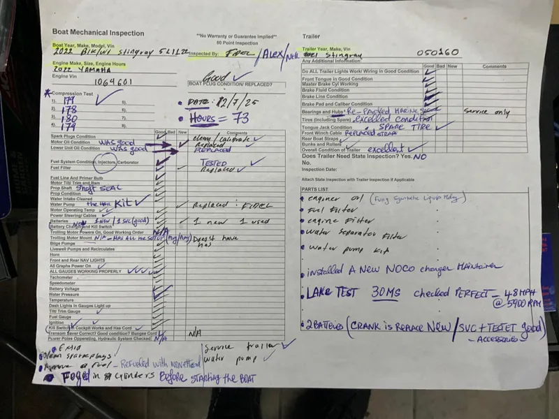 Slide: The Image of Boat mechanical inspection sheet for 2022 Stingray 212 SC, detailed notes and test results. - 94