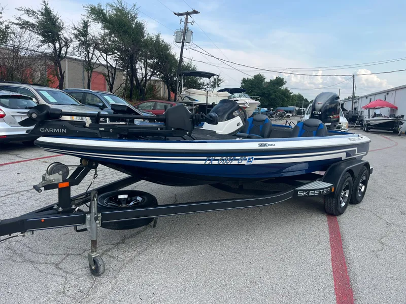 Slide: The Image of 2018 Skeeter ZX190 boat on trailer, parked outdoors with Garmin equipment visible. - 3