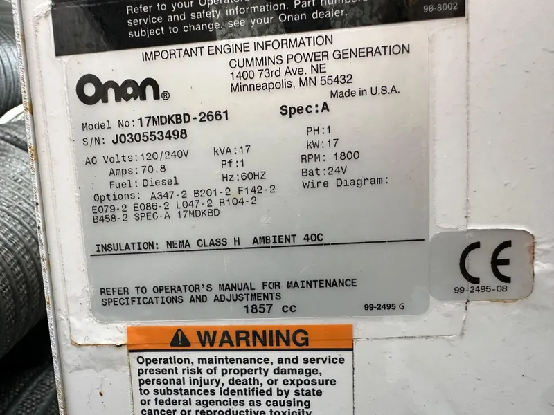 Slide: The Image of Onan generator label with specifications for Meridian 580 Pilothouse, 2004 model. - 29