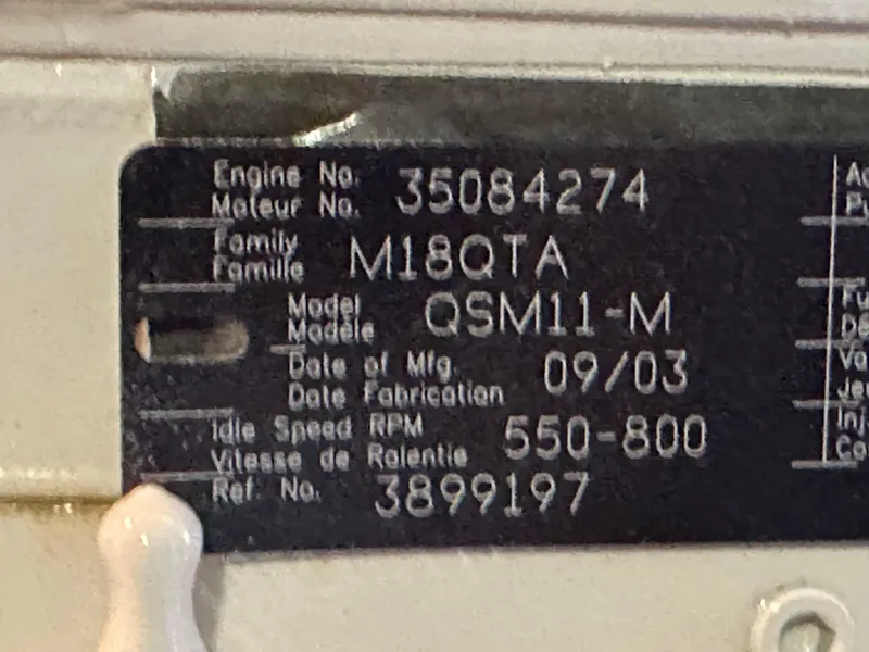 Slide: The Image of Engine information plate for 2004 Meridian 580 Pilothouse, model QSM11-M, manufactured 09/03. - 41