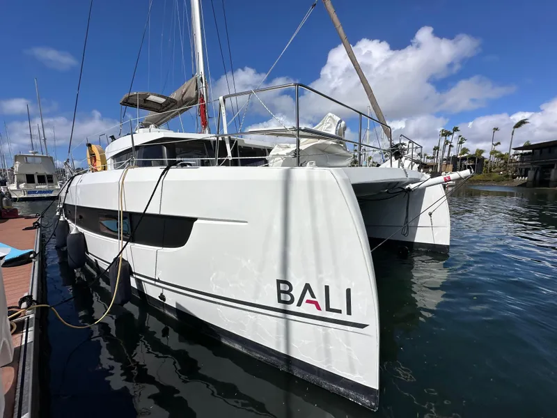 Slide: The Image of 2023 Bali 4.2 catamaran docked in marina under blue sky. - 3